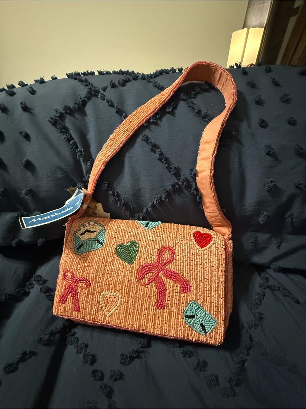 Marshalls Coral Beaded Shoulder Bag with Embroidered Hearts & Bows